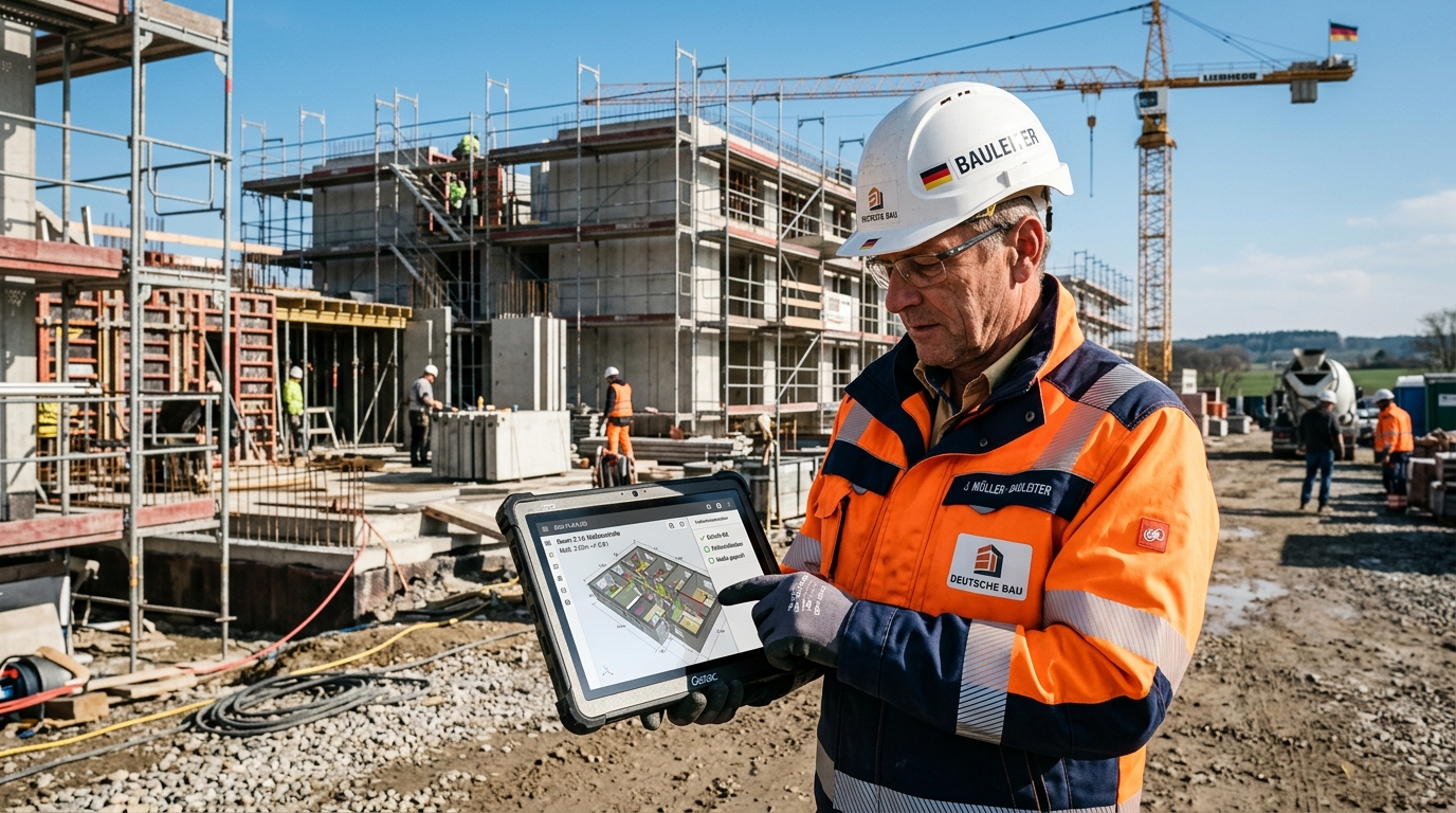 Bauleiter vor Ort mit digitalem BT Bautechnik Tablet Cockpit